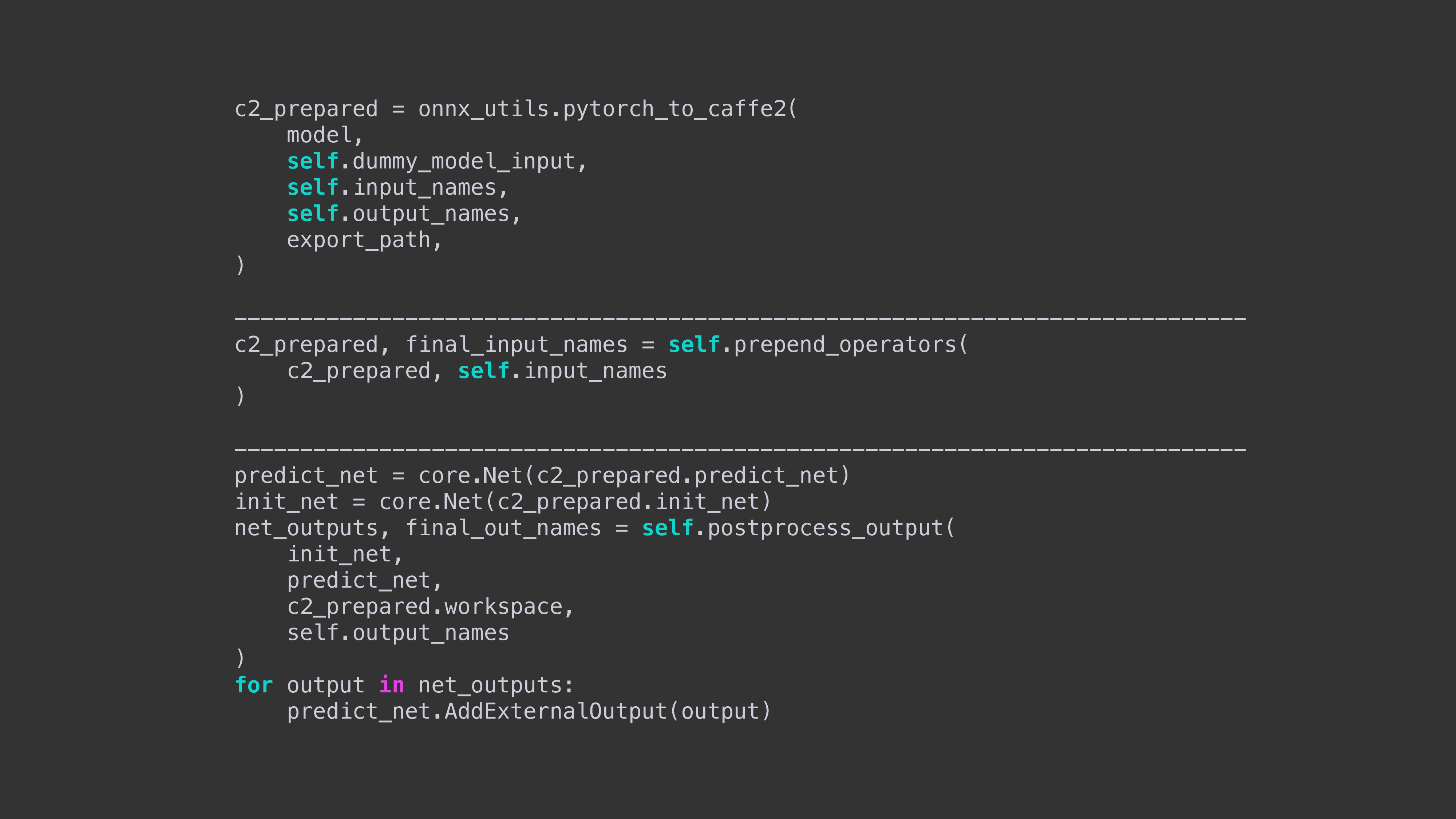 This code sample shows how to export a model to Caffe2 using ONNX, prepend an operator such as string2id, and then perform any necessary postprocessing.