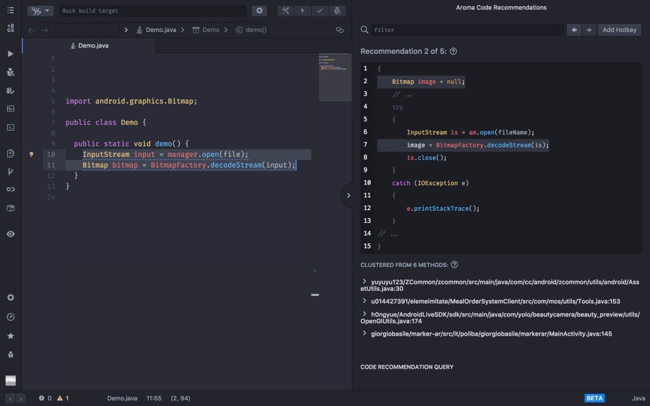 Aroma code recommendations integrated in the coding environment. [Image: aroma_nuclide.png]