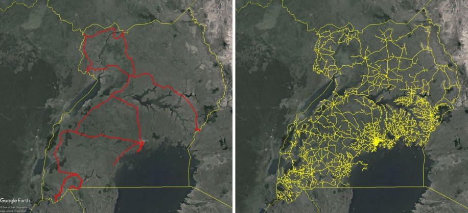 Maps of Uganda comparing the extent of the total fiber footprint (shown in red) and the MV power lines (shown in yellow). Sources: EnergyData.info, Itu.int, Ucc.co.ug, Google Earth