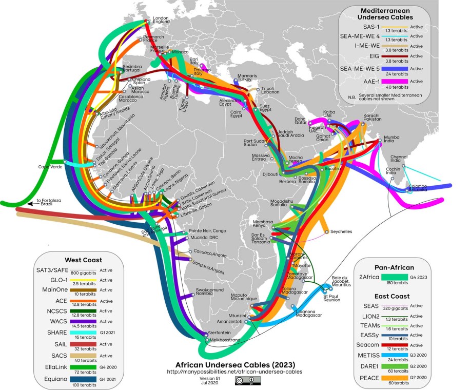 Map of subsea cables in Africa. Source: Steve Song, https://manypossibilities.net/african-undersea-cables/