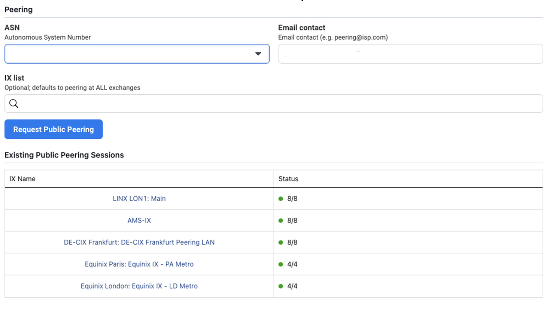 Once authenticated, the peer will see a list of all their network’s existing public peering sessions with Facebook, and can submit new requests.